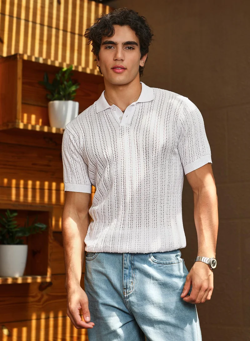 كامبوس سوترا Men's Chalk White Panelled-Knit Polo T-Shirt For Casual Wear | Polo Neck | Short Cuffed Sleeves | Half-Button Closure | T-Shirt Crafted With Comfort Fit For Everyday Wear