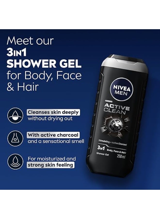 NIVEA MEN Active Clean 3in1 Shower Gel, Cleans Body, Face and Hair, with Active Charcoal, for Purified and Stimulating Skin, for All Skin Types, 250 ml - Image 3