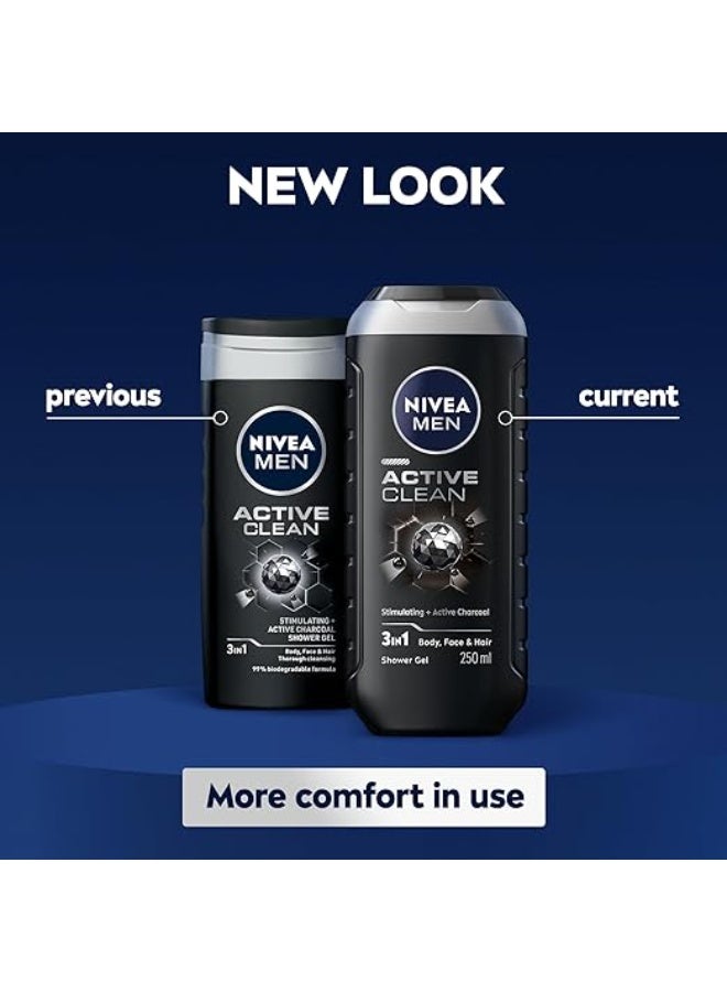 NIVEA MEN Active Clean 3in1 Shower Gel, Cleans Body, Face and Hair, with Active Charcoal, for Purified and Stimulating Skin, for All Skin Types, 250 ml - Image 5