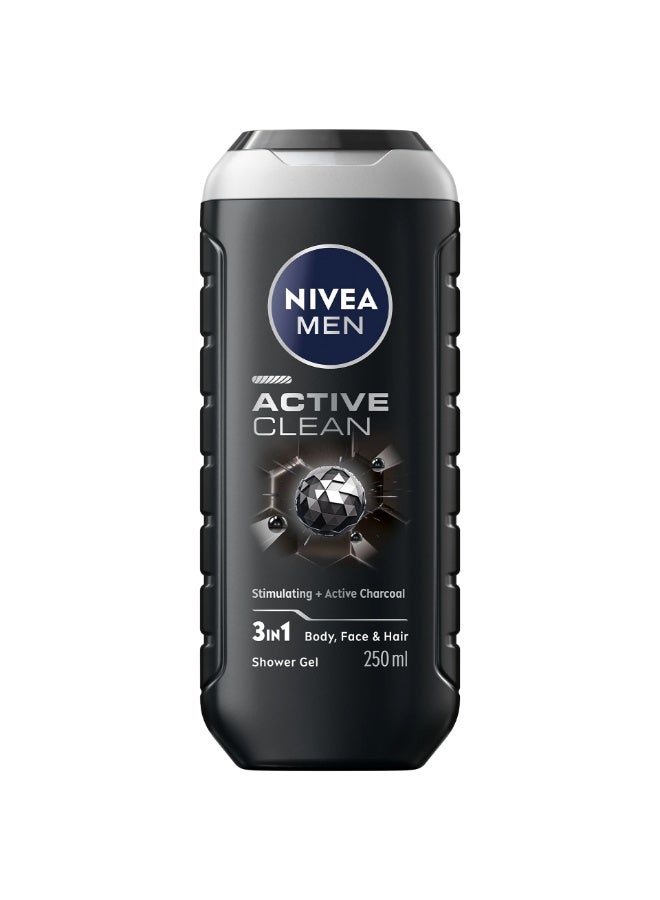 NIVEA MEN Active Clean 3in1 Shower Gel, Cleans Body, Face and Hair, with Active Charcoal, for Purified and Stimulating Skin, for All Skin Types, 250 ml