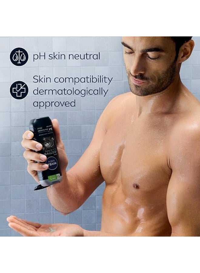 NIVEA MEN Active Clean 3in1 Shower Gel, Cleans Body, Face and Hair, with Active Charcoal, for Purified and Stimulating Skin, for All Skin Types, 250 ml - Image 4