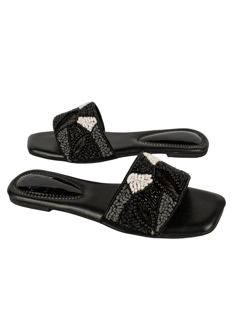 Dollar's Fashion S212F - Women Sandals | Handcrafted Flat Slippers | Comfortable Daily Wear Flats | Casual Slippers (Black) - Image 1