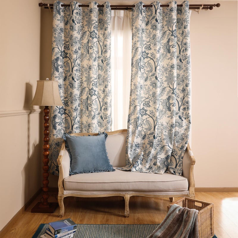 ISAENNE Vintage Linen Semi Blackout Blue Floral Curtains,Cottage Western Home Decor Curtain with Grommets for Living Room Bedroom Kitchen Window,2 Panels 65 Inches Wide by 63 Inches Long -Ruyi B - Image 3