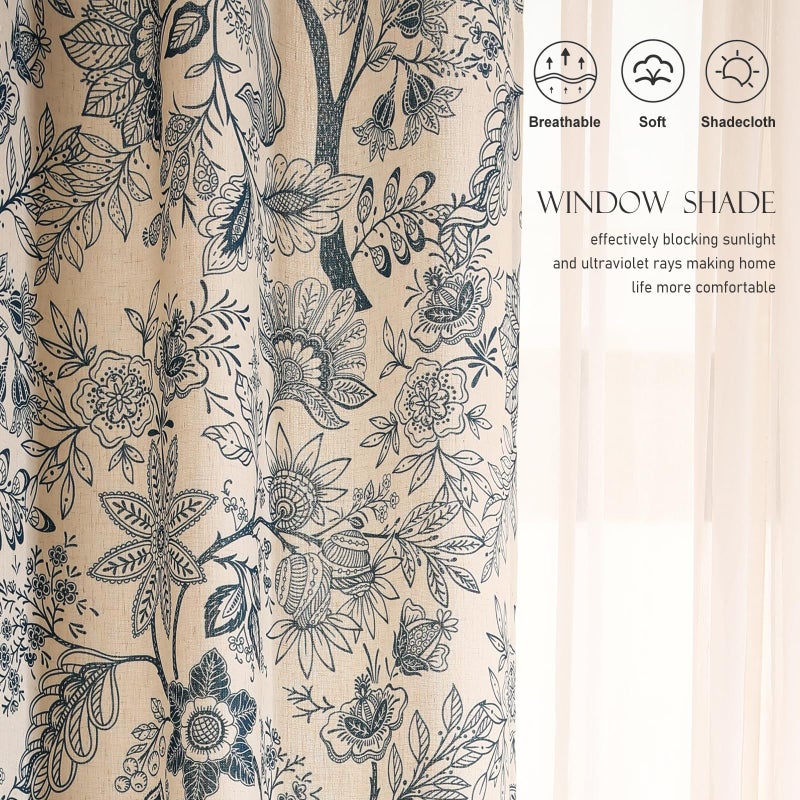 ISAENNE Vintage Linen Semi Blackout Blue Floral Curtains,Cottage Western Home Decor Curtain with Grommets for Living Room Bedroom Kitchen Window,2 Panels 65 Inches Wide by 63 Inches Long -Ruyi B - Image 4