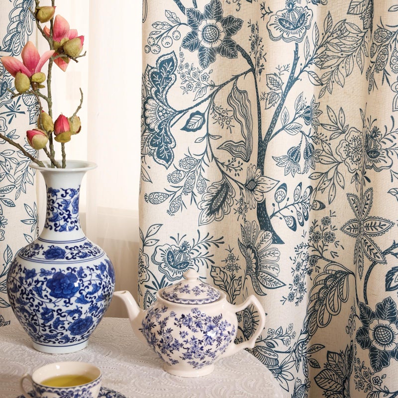 ISAENNE Vintage Linen Semi Blackout Blue Floral Curtains,Cottage Western Home Decor Curtain with Grommets for Living Room Bedroom Kitchen Window,2 Panels 65 Inches Wide by 63 Inches Long -Ruyi B - Image 2