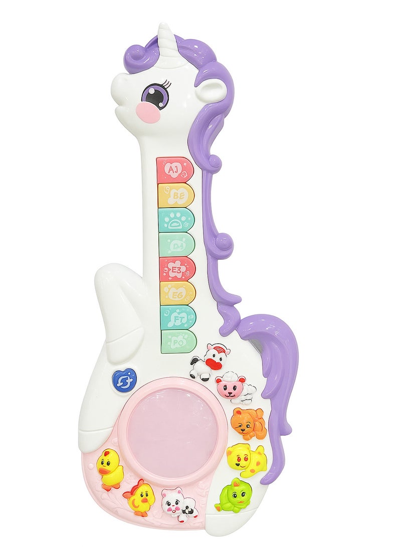 يونيكورن لعبة جيتار موسيقي للأطفال ، لعبة موسيقية مع أضواء وأصوات حيوانات، أبيض وبنفسجي