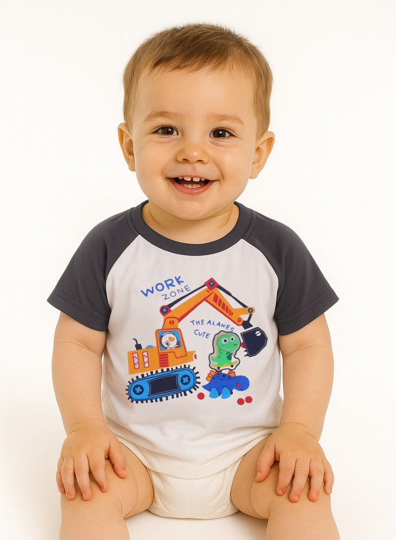 Glow-in-the-Dark Dinosaur & Digger T-Shirt - Cotton Blend Summer Tee with Luminous Print, Short Sleeves - For Boys Aged 3-11 Years  - Image 1