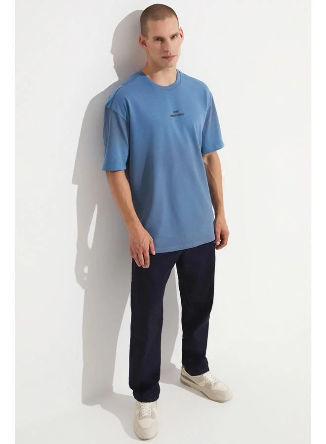 JUNE June Men Oversize Pattern Crew Neck Striped Tshirt Blue