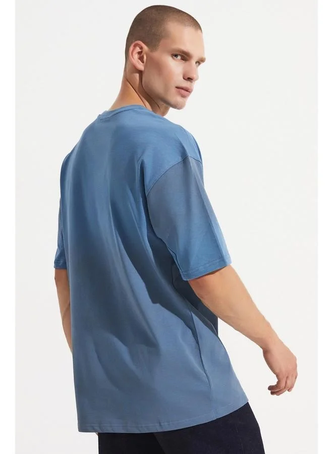 JUNE June Men Oversize Pattern Crew Neck Striped Tshirt Blue
