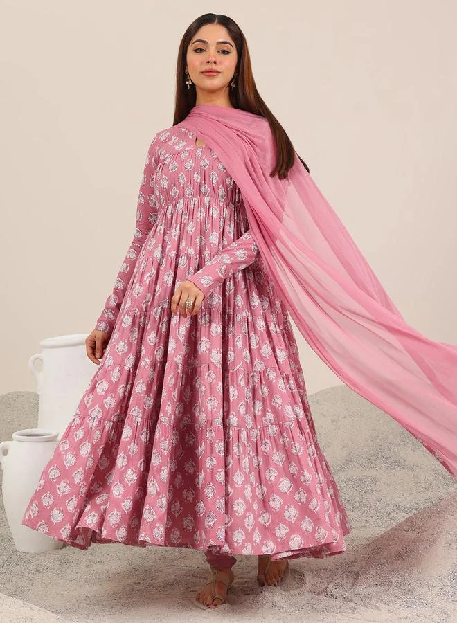 لباس Mauve Printed Cotton Anarkali Kurta, Churidar and Dupatta Set