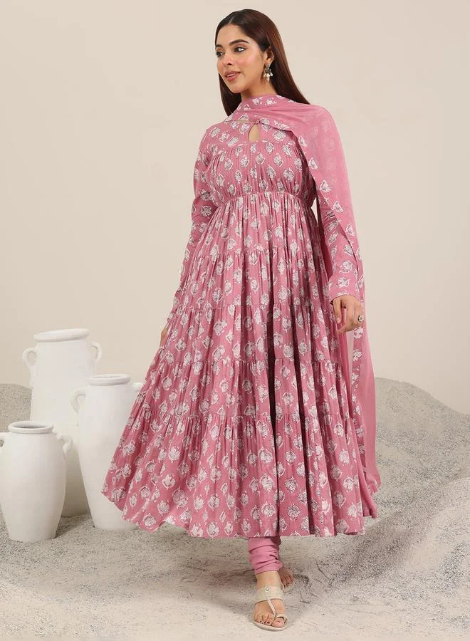 لباس Mauve Printed Cotton Anarkali Kurta, Churidar and Dupatta Set