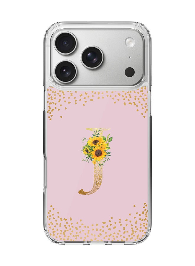 Stylizedd Classic Clear MagSafe Case for iPhone 17 Pro , Hybrid Soft Case Flexible Edges Anti Drop TPU PC Gel Thin Transparent Cover [ Designed for iPhone 17 Pro ] - Custom Monogram Initial Letter Floral Pattern Alphabet - J  (Pink )