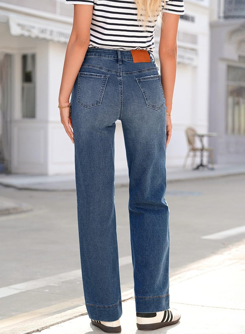 Sidefeel Women's Drawstring Straight Leg Western Outfit High Waisted Wide Leg Denim Pants Dark Blue Size 12 - Image 2