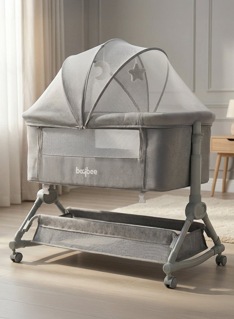 BAYBEE 3 in 1 Portable Baby Bedside Crib for Baby With Rocking Mode | Baby Bassinet for New Born with 4 Height Adjustable & Recline | Baby Cot with Mosquito Net & Storage Box | Bedside Basinet for 0 to 2 Years Boy Girl Grey - Image 1