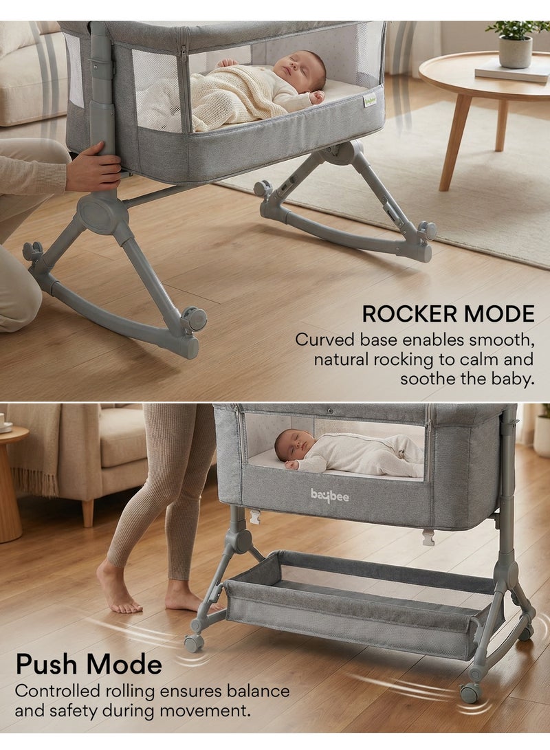 BAYBEE 3 in 1 Portable Baby Bedside Crib for Baby With Rocking Mode | Baby Bassinet for New Born with 4 Height Adjustable & Recline | Baby Cot with Mosquito Net & Storage Box | Bedside Basinet for 0 to 2 Years Boy Girl Grey - Image 2