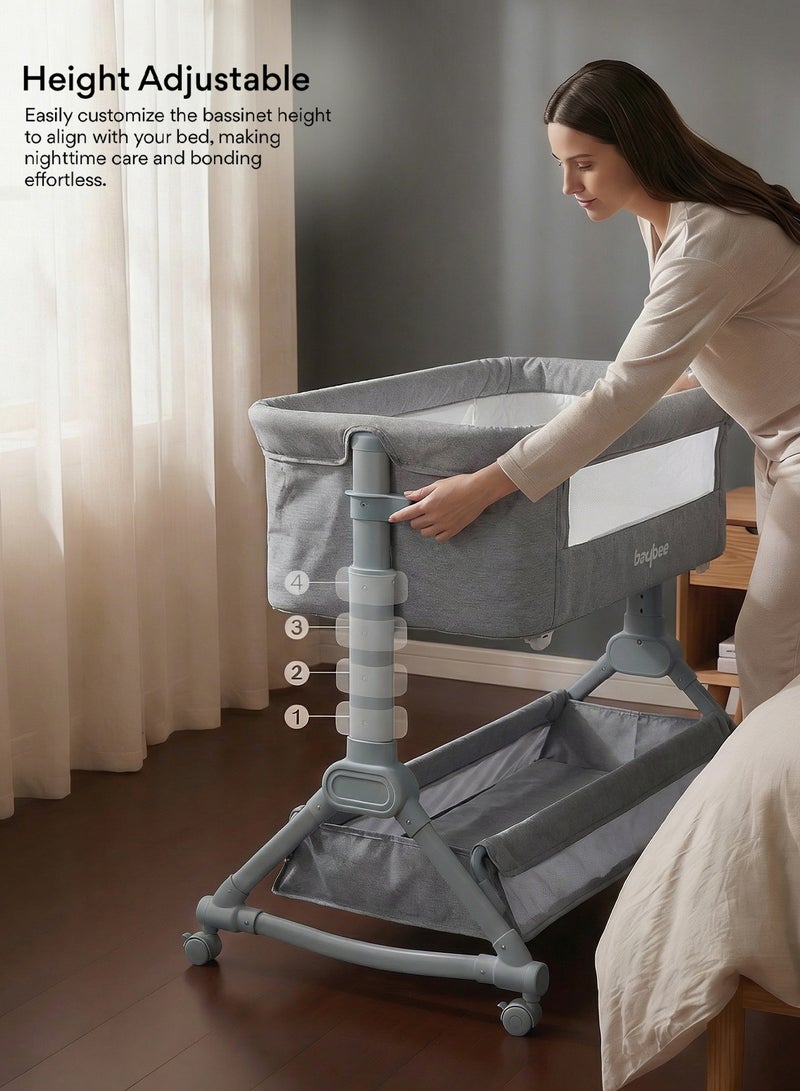 BAYBEE 3 in 1 Portable Baby Bedside Crib for Baby With Rocking Mode | Baby Bassinet for New Born with 4 Height Adjustable & Recline | Baby Cot with Mosquito Net & Storage Box | Bedside Basinet for 0 to 2 Years Boy Girl Grey - Image 4