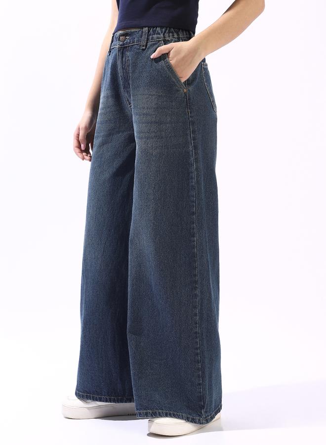 HIGH STAR Women's Blue 100% Cotton Textured Full Wide Leg Jeans - Image 3