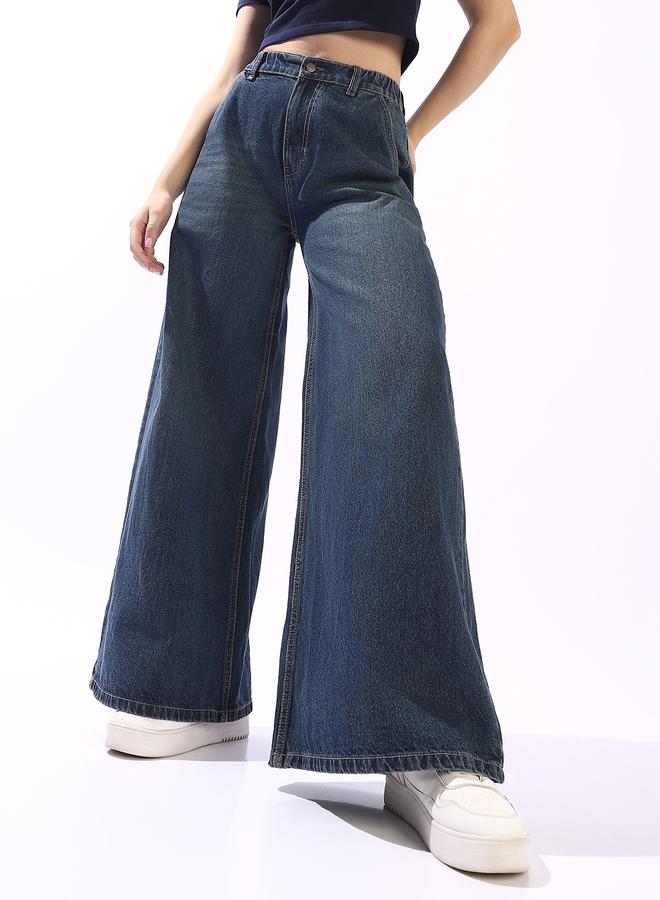 HIGH STAR Women's Blue 100% Cotton Textured Full Wide Leg Jeans - Image 2