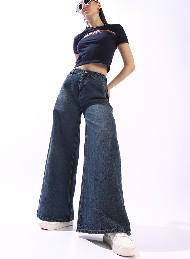 HIGH STAR Women's Blue 100% Cotton Textured Full Wide Leg Jeans - Image 5