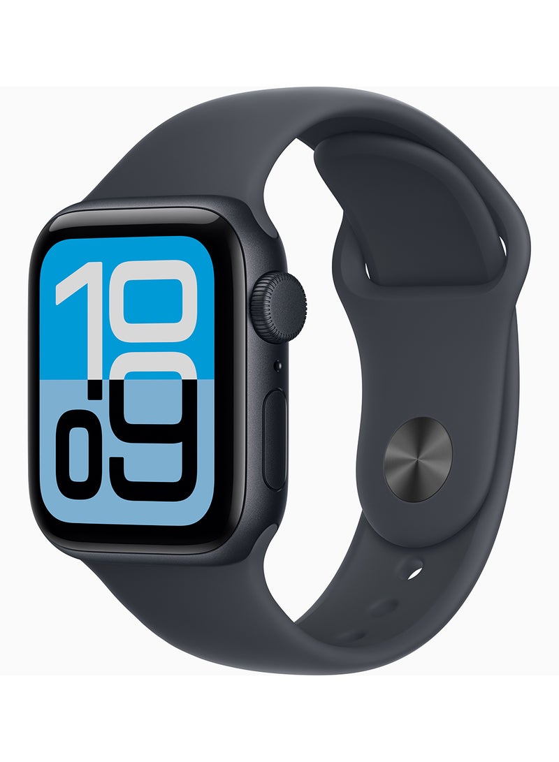 ابل  ساعة ابل SE 3 الذكية ونظام تحديد المواقع GPS الهيكل والسوار الرياضي مقاس 40 ملم من ابل، لون ألومنيوم (Midnight)، مقاس متوسط و كبيرجهاز تتبع اللياقة البدنية والنوم ومراقبة معدل ضربات القلب بشاشة تعمل سوار رياضي بلون منتصف الليل – متوسط / كبير - Image 1