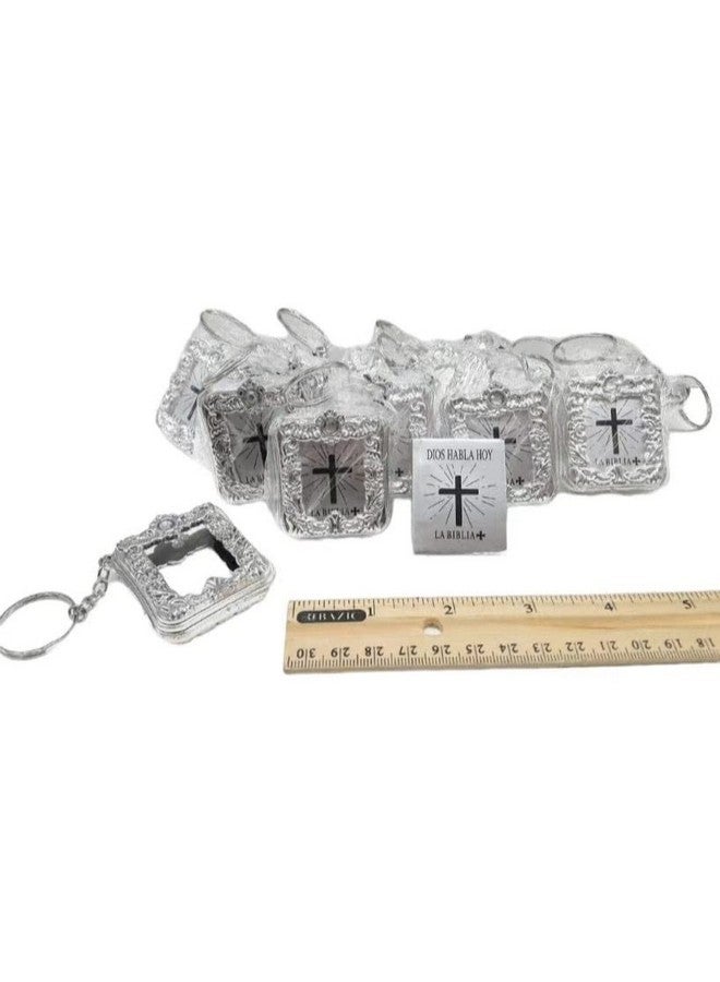 CL Gift 12 x Mini Bible Keychain English Spanish Gold Silver Holy Bible Religious Favor/Baptism Favor/First Communions, Baptism, Wedding Shower (Spanish (Silver))