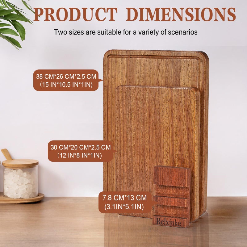 Relxinke Solid Teak Wood Cutting Board Set One Piece Non Glued Large Thick Crack Resistant Wooden Chopping Board with DeepJuice Grooves Built in Handles for Kitchen Meat Bread 15x10.2IN &11.8 * 7.9IN - Image 2