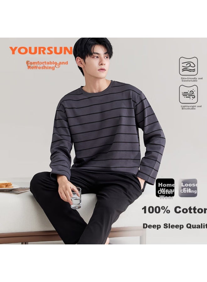 Your Sun Yiershuang Men's Pajamas, Autumn And Winter Round Neck Long Sleeve Striped Loose Casual Loungewear Set For Outdoor Wear - Image 1