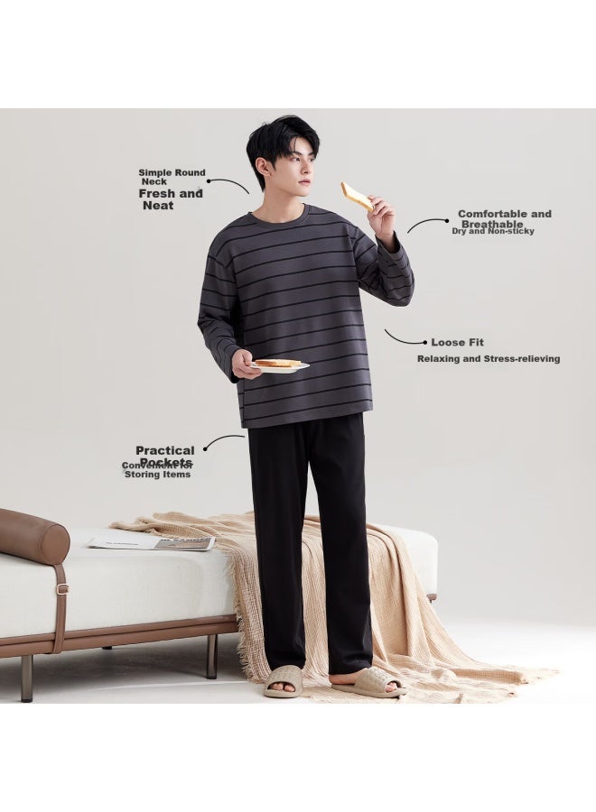 Your Sun Yiershuang Men's Pajamas, Autumn And Winter Round Neck Long Sleeve Striped Loose Casual Loungewear Set For Outdoor Wear - Image 3