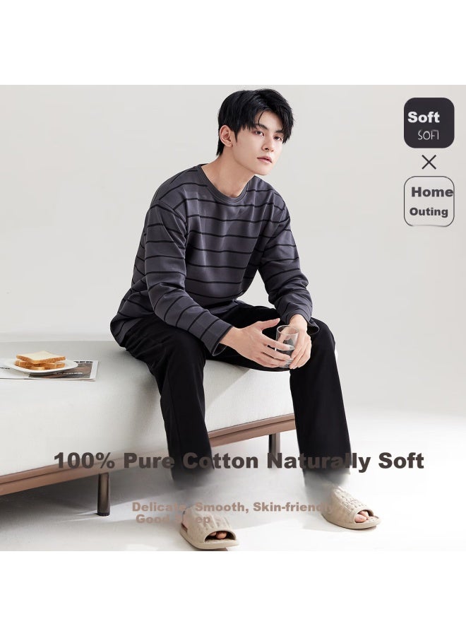 Your Sun Yiershuang Men's Pajamas, Autumn And Winter Round Neck Long Sleeve Striped Loose Casual Loungewear Set For Outdoor Wear - Image 2