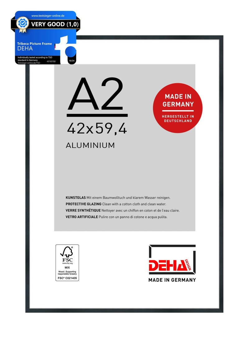 DEHA Design Tribeca Aluminium Picture Frame Brushed Black A2 42x594cm with Push and Turn Clips