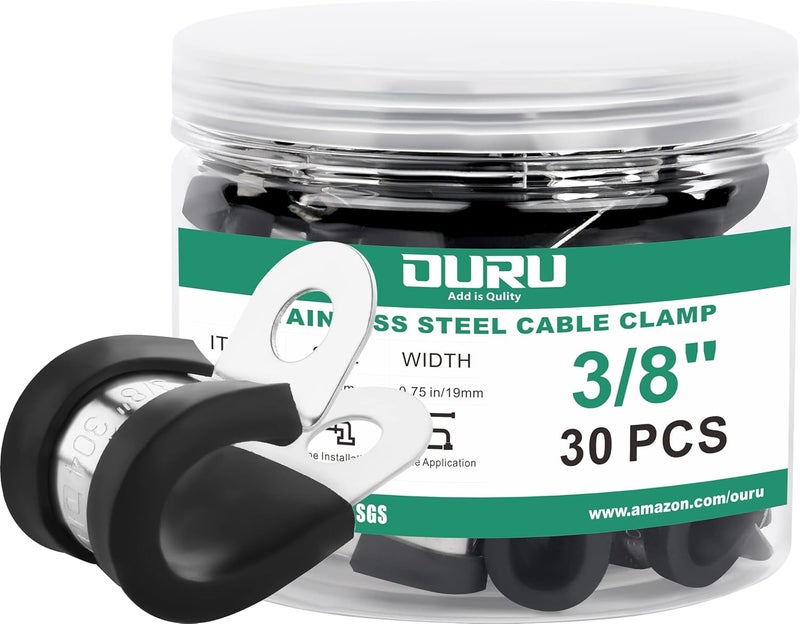 ORU 30pcs 3/8 Inch Stainless Steel Cable Clamps,Rubber Coated Cushioned Insulated Cable Clamp,Automotive Cable Wire Clamps,Pipe Clamps,Metal Clamp for Tube,Lines,Wire Cord Installation(Black,10mm) - Image 1