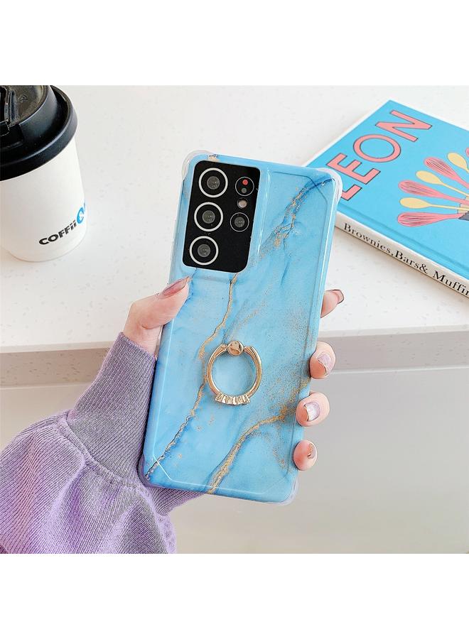The Bros Four Corners Anti-Shattering Gold Marble IMD Phone Case with Metal Rhinestone Ring Holder For Samsung Galaxy S21 Plus 5G