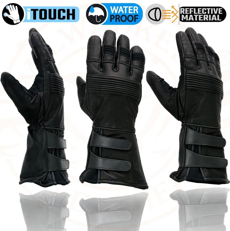 Milwaukee Leather قفازات موتوسيكل جلدية للرجال من ميلووكي MG7550 جلد بقري أسود مع كف طويل جداً وشاشة تعمل باللمس ومقاومة للماء - Image 5