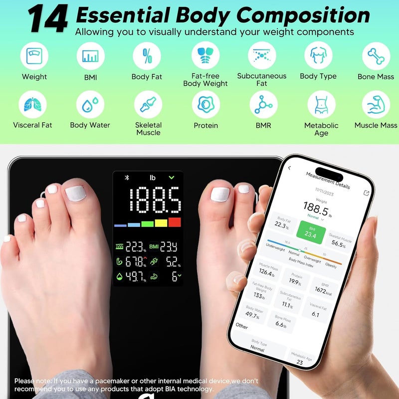 Arboleaf Smart Scale with BMI Body Fat Muscle Mass Digital Bathroom Scale for Body Weight 14 Body Composition Metrics Large LED Display Accurate Weighing Machine App Sync 400lbs 11 - Image 3