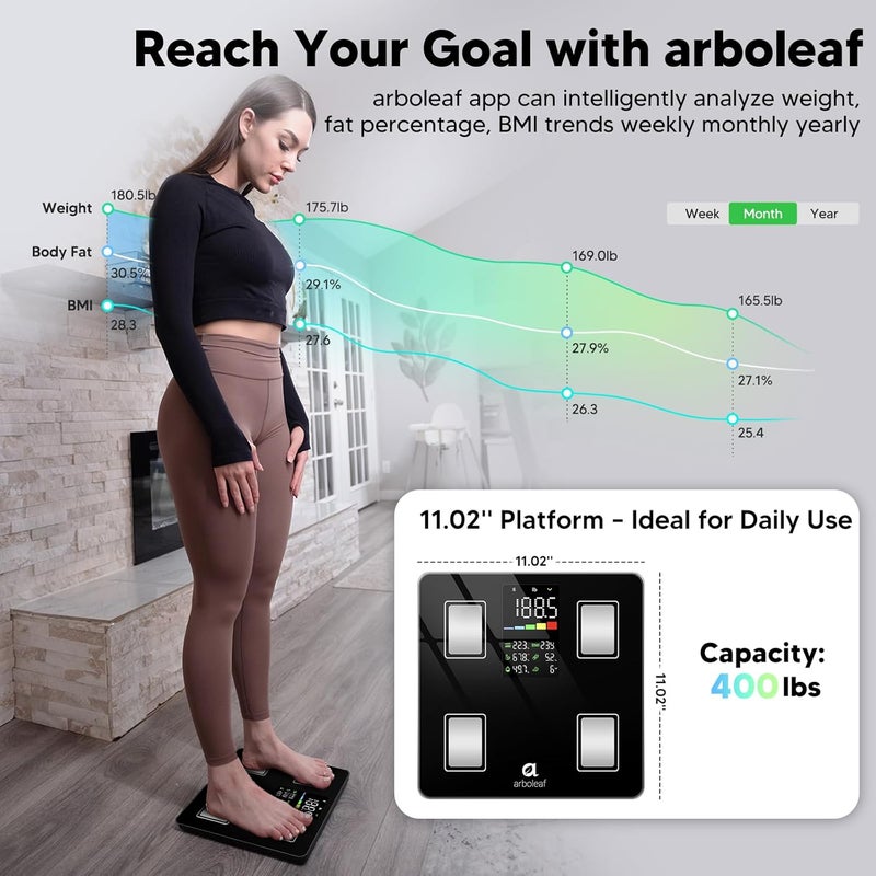 Arboleaf Smart Scale with BMI Body Fat Muscle Mass Digital Bathroom Scale for Body Weight 14 Body Composition Metrics Large LED Display Accurate Weighing Machine App Sync 400lbs 11 - Image 4