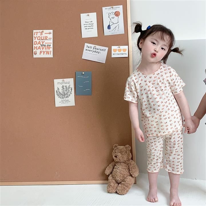 Girls Summer Silky Pajama Set Sweet Floral Beige small flower 
