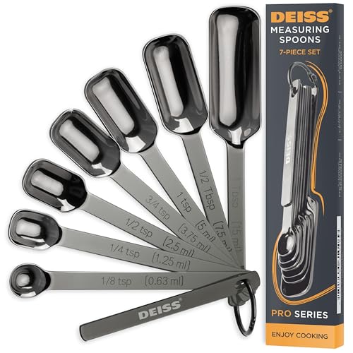 Deiss PRO Heavy Duty Stainless Steel Measuring Spoons for Cooking Spices Dry or Liquid Ingredients Fits in Spice Jar Adjustable Measuring Spoon Set of 7 Measuring with Leveler Measuring Spoons Set - Image 1