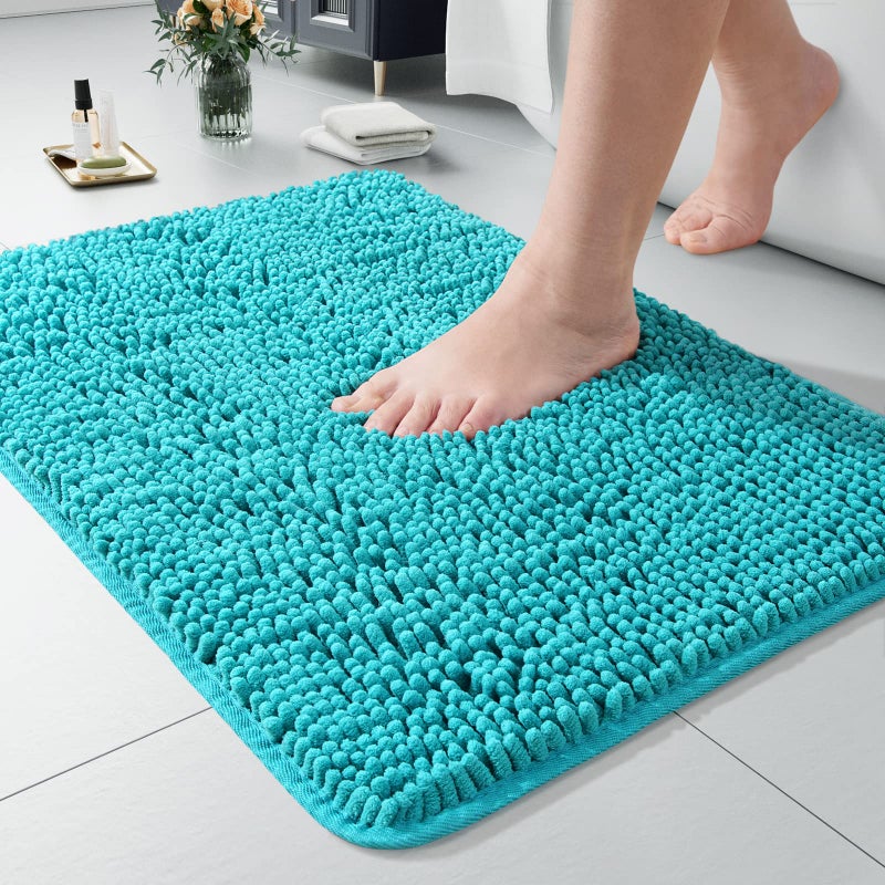 LOCHAS Luxury Bathroom Rug Shaggy Bath Mat 24 x 17 Inch, Washable Non Slip Bath Rugs for Bathroom Shower, Soft Plush Chenille Absorbent Carpets Mats, Teal Blue - Image 1