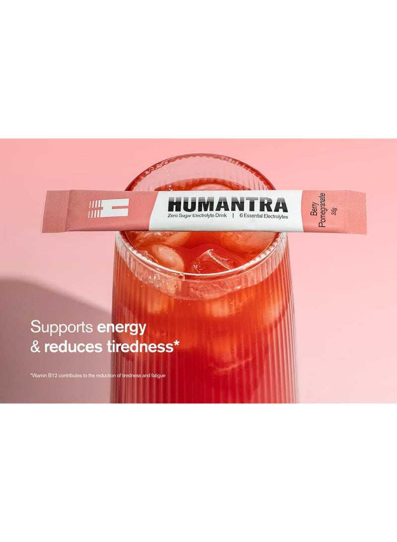 Humantra Hydration Drink Powder Berry Pomegranate Flavor 20 Sachets | Sugar Free Vegan Electrolyte Supplement with Vitamin C B12 Zinc | Caffeine Free Hydration Mix - Image 5