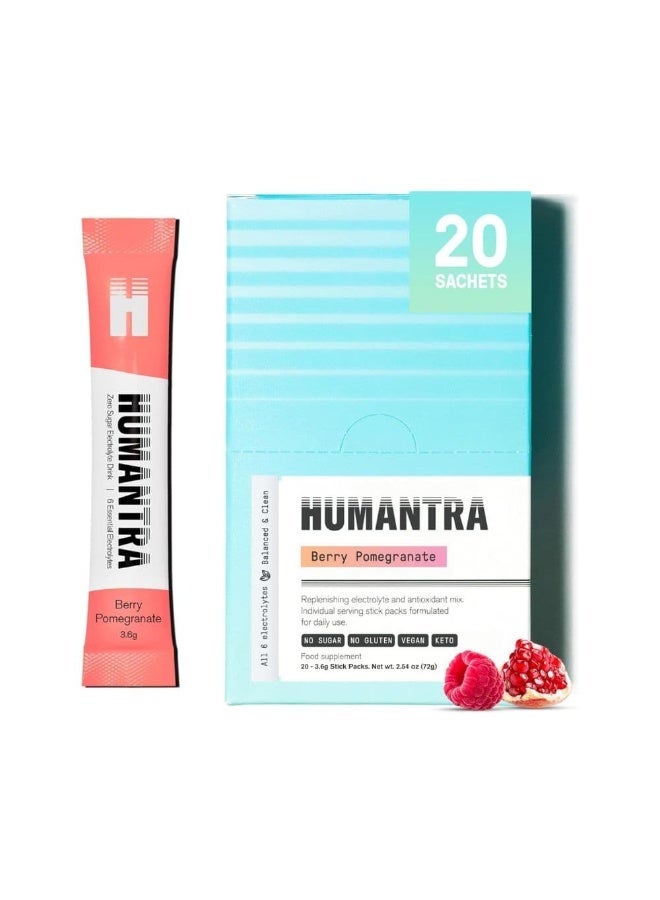 Humantra Hydration Drink Powder Berry Pomegranate Flavor 20 Sachets | Sugar Free Vegan Electrolyte Supplement with Vitamin C B12 Zinc | Caffeine Free Hydration Mix - Image 1