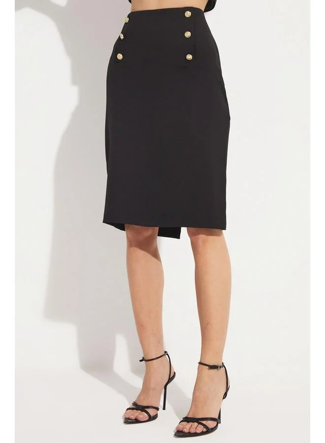 جون June Exclusive Button Detailed Midi Skirt Black
