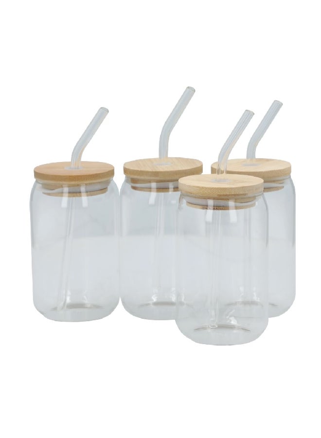 Bien Servi 4-Piece Glass Tumbler with Straw and Lid Set Clear and Brown 350 ml XH9032  - Image 1