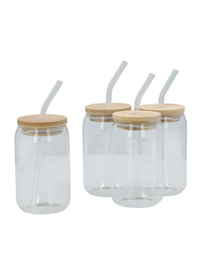 Bien Servi 4-Piece Glass Tumbler with Straw and Lid Set Clear and Brown 350 ml XH9032  - Image 2
