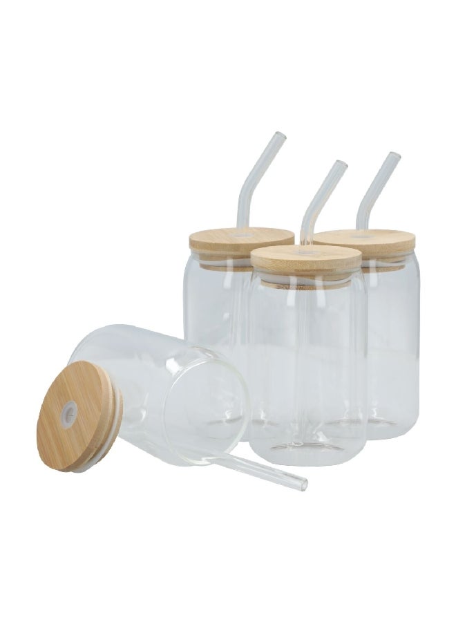 Bien Servi 4-Piece Glass Tumbler with Straw and Lid Set Clear and Brown 350 ml XH9032  - Image 3