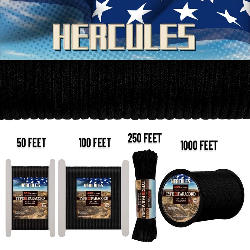 HERCULES Type III Paracord 550 Paracord Rope Parachute Cord, 50' Black Paracord for Survival Paracord, Survival Cord - Image 2