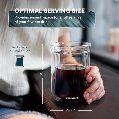 ovalware Double Wall Single Lip Insulated Glass Cup, Set of 2 (12oz / 350ml) - Borosilicate Glass For Coffee, Tea, Whiskey, Cocktails & All Beverages - Minimalistic & Durable Double-Wall Drinking Mug - Image 2