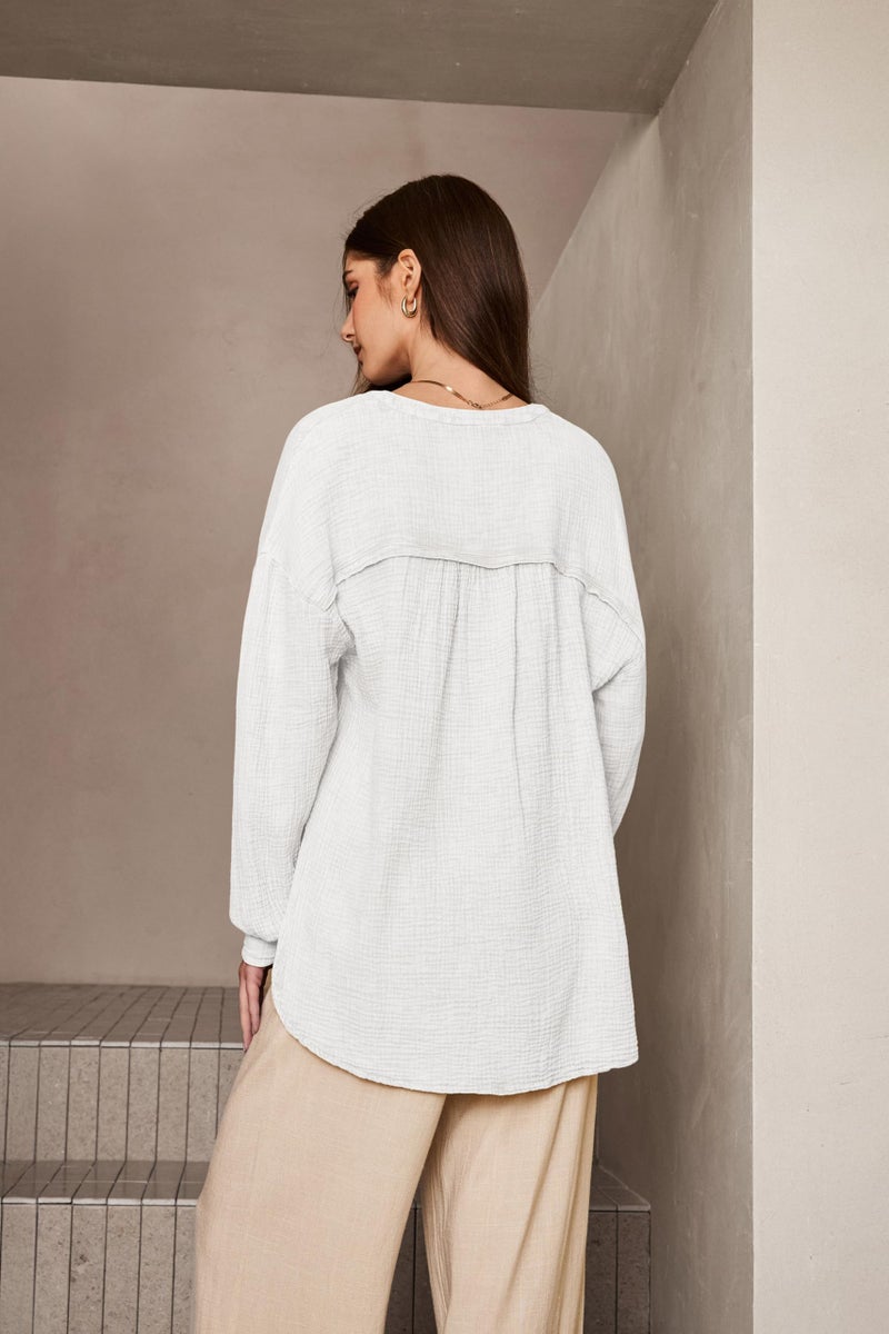 Dokotoo Womens Tops Dressy Casual Blouse 3/4 Button V Neck Long Sleeve Cotton Textured Fabrication Shirts Side Slit Solid Elegant Loose Fit Shirt Basic Ladies Tunic Tops White XL - Image 3