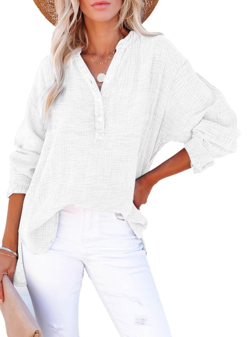 Dokotoo Womens Tops Dressy Casual Blouse 3/4 Button V Neck Long Sleeve Cotton Textured Fabrication Shirts Side Slit Solid Elegant Loose Fit Shirt Basic Ladies Tunic Tops White XL - Image 1