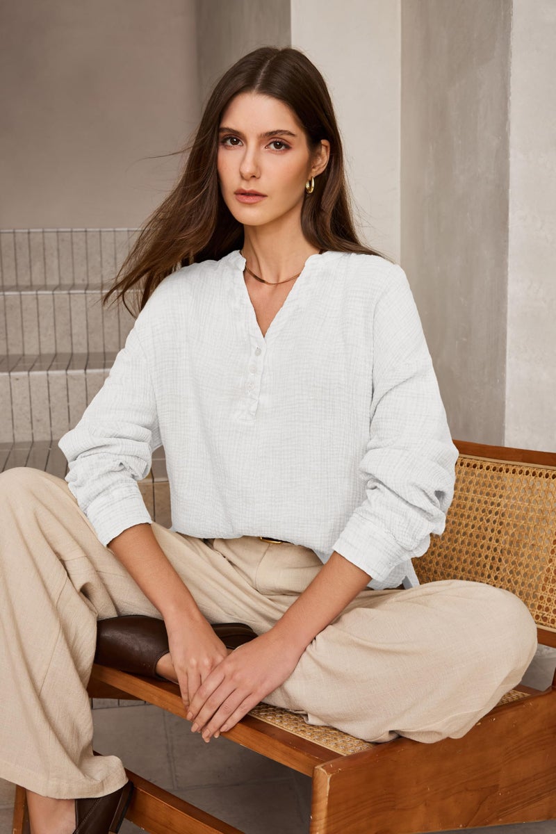 Dokotoo Womens Tops Dressy Casual Blouse 3/4 Button V Neck Long Sleeve Cotton Textured Fabrication Shirts Side Slit Solid Elegant Loose Fit Shirt Basic Ladies Tunic Tops White XL - Image 4