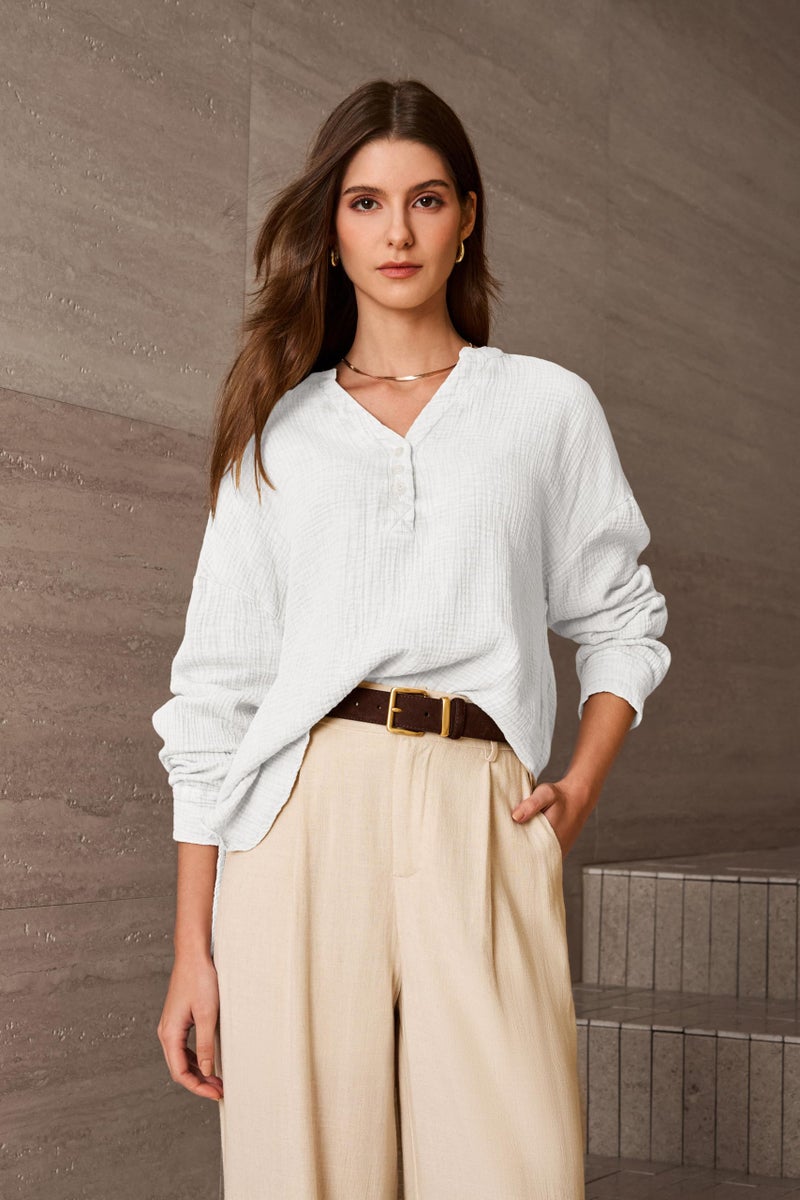 Dokotoo Womens Tops Dressy Casual Blouse 3/4 Button V Neck Long Sleeve Cotton Textured Fabrication Shirts Side Slit Solid Elegant Loose Fit Shirt Basic Ladies Tunic Tops White XL - Image 2